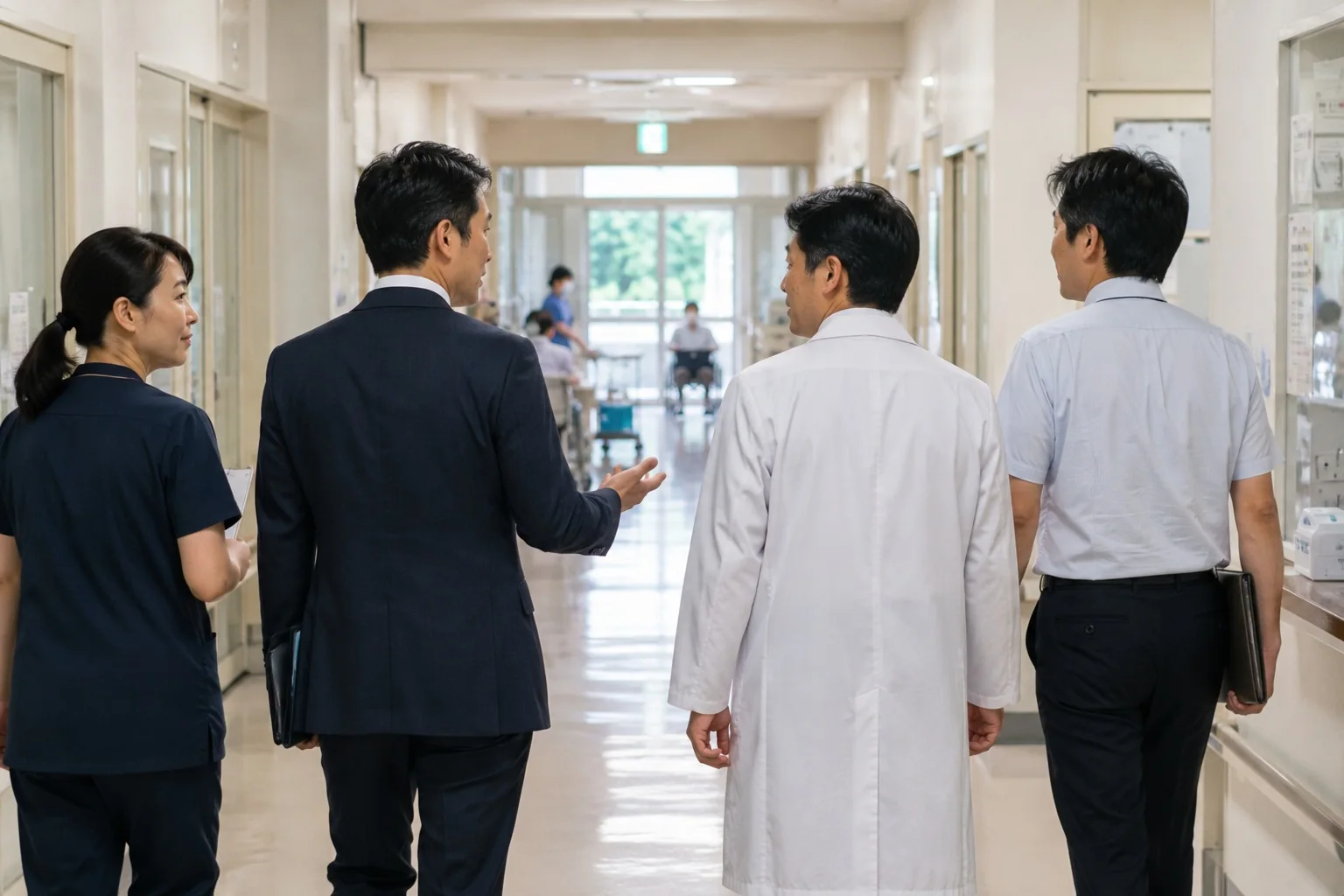 病院職員と経営支援スタッフが院内を歩きながら対話する様子
