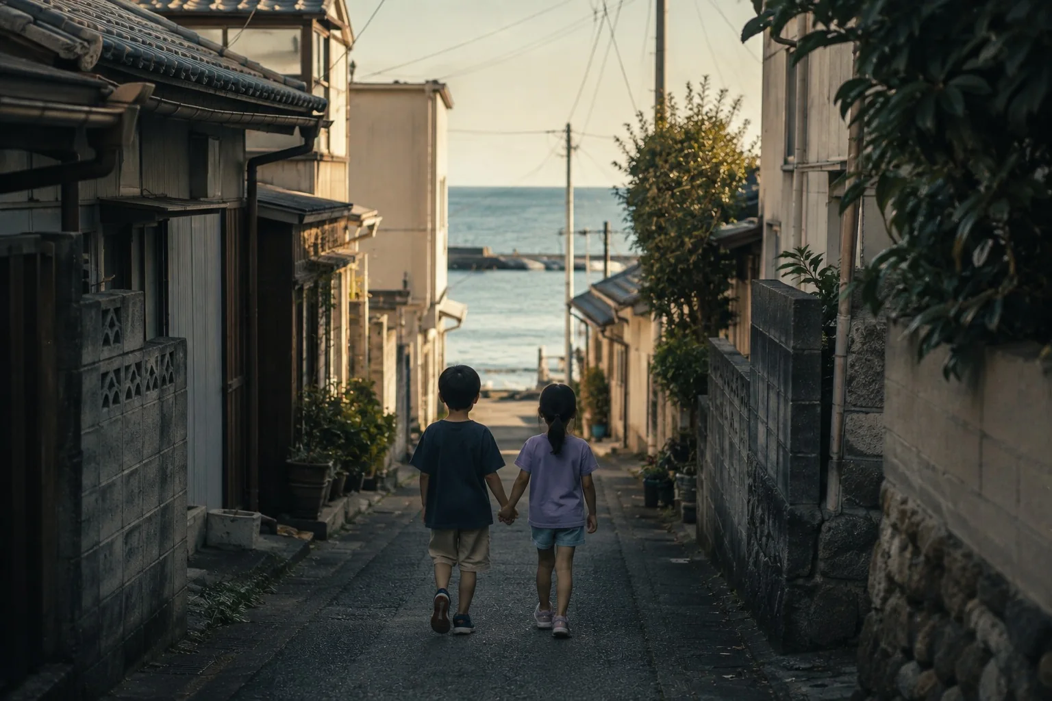 海へ続く路地を手をつないで歩く子どもたち