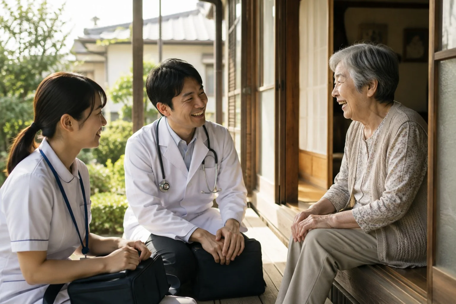 医師と看護師が高齢者宅を訪問し縁側で対話する様子